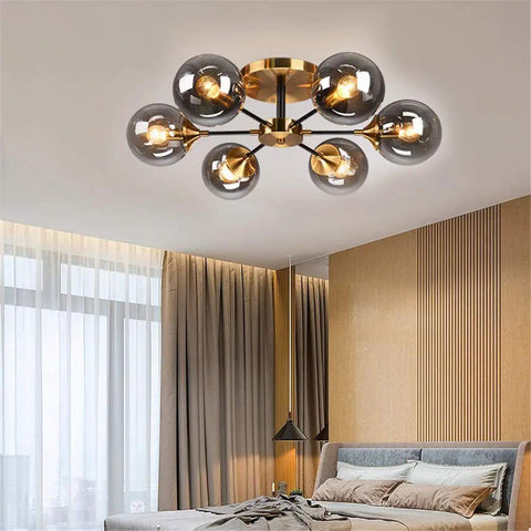 Mid Century Glass Orb Chandelier With Brass Finish Semi Flush Ceiling Light With Radial Design Six Light Fixture in bedroom