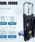 Electric Stair Climber Cart With Four Tracks And Wheels For Heavy Loads showing a load capacity of 180kg and uses for refrigerators and washing machines.