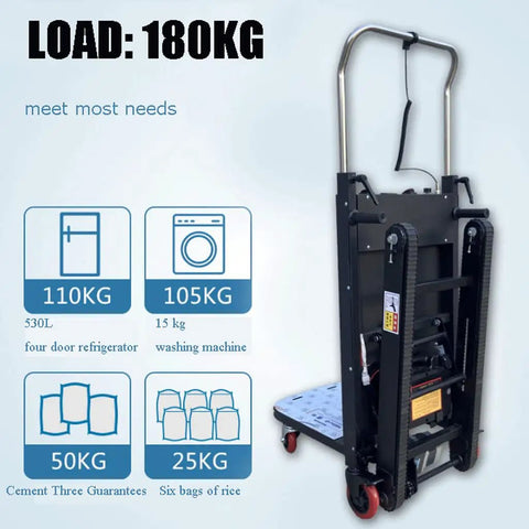 Electric Stair Climber Cart With Four Tracks And Wheels For Heavy Loads showing a load capacity of 180kg and uses for refrigerators and washing machines.