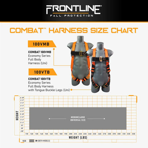 Frontline size chart with 100VMB Combat Economy Full Body Harness Universal With Back D Ring 3 Point Adjustable Pass Thru Leg Straps