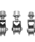 Built Tough 304 Stainless Steel Sliding Gate Caster Wheel Featuring Spring Shock Absorption, three wheels aligned.
