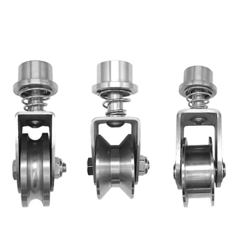 Built Tough 304 Stainless Steel Sliding Gate Caster Wheel Featuring Spring Shock Absorption, three wheels aligned.