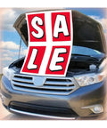 Eye Catching Underhood Sign Kit In White And Blue Measuring 29 By 41 Inches Using Super Durable Corrugated Plastic For Your Car Lot Or Dealership To Show Off Deals And Make Vehicles Look Awesome., underhood sign kit on open SUV hood, 29x41 corrugated plastic
