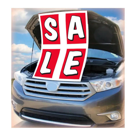 Eye Catching Underhood Sign Kit In White And Blue Measuring 29 By 41 Inches Using Super Durable Corrugated Plastic For Your Car Lot Or Dealership To Show Off Deals And Make Vehicles Look Awesome., underhood sign kit on open SUV hood, 29x41 corrugated plastic