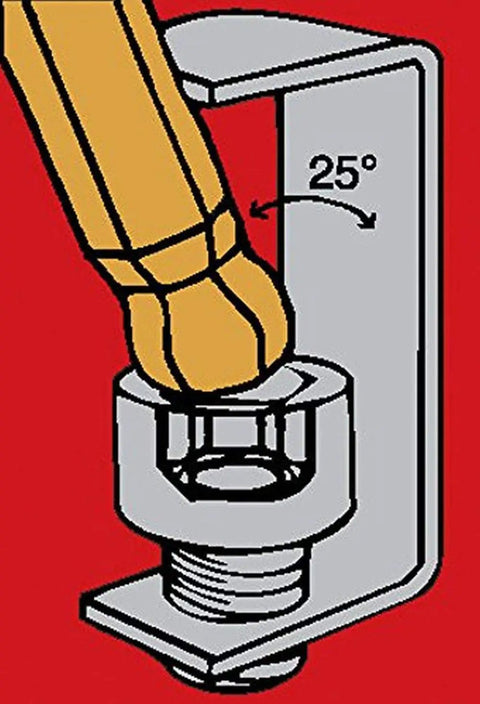 Long Reach Balldriver Screwdriver Set Of Eight With ProGuard Finish, showing 25-degree angle entry into hex socket in red background.
