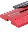 Close-up of Heavy Duty Aluminum Table Saw Jig For Precision Woodworking Fence Fixture with measurement scales.