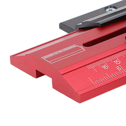 Close-up of Heavy Duty Aluminum Table Saw Jig For Precision Woodworking Fence Fixture with measurement scales.