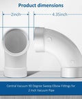 Central vacuum 90-degree sweep elbow fitting for 2-inch pipe, white plastic, front view