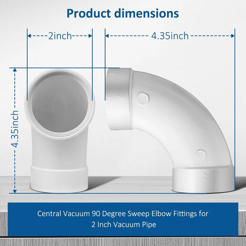 Central vacuum 90-degree sweep elbow fitting for 2-inch pipe, white plastic, front view