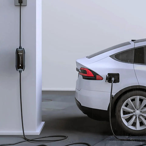 Portable Ev Charger Type 2 To Nema 515 Plug 16 Amp 110 Vac With 16 Foot Cable Ip65 Rated connected to a white electric vehicle.