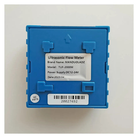 Back view of Ultrasonic Flow Meter With TM1 Sensor For Metal And Plastic Pipes, Pro Grade Liquid Flow Meter With Modbus RS485, 0.2 Percent Repeatability And 1 Percent Plus Accuracy, 3 Analog Inputs, 4-20mA Output, Dual OCT Outputs, DN50-700mm, showing label with specifications.
