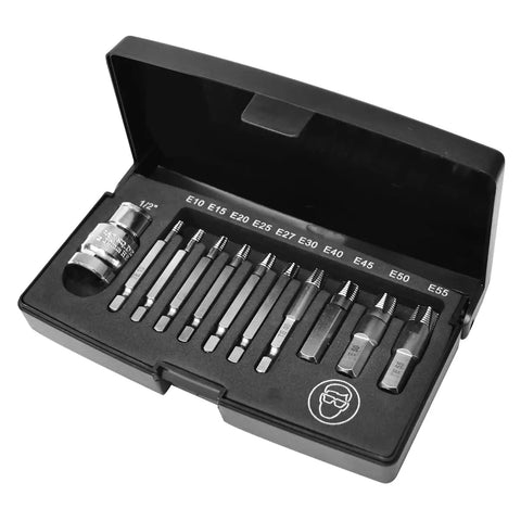 Pro Grade Damaged Torx Screw Extractor Set 11 Piece with One Quarter Inch Shank displayed in black case