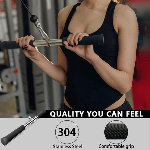Person using Cable Attachments For Gym Lat Pulldown Machine, Straight Pull Down Bar with 304 Stainless Steel, comfortable grip.