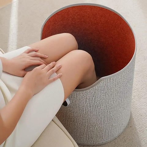 Person using Cozy Under Desk Leg Warmer for Office Use, Portable Foot Warmer and Blanket Heater Under Desk, Heated Floor Mat for Cold Offices