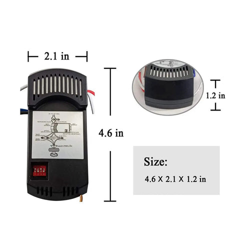 Diagram and dimensions of Three Speed Ceiling Fan Remote Control Kit Universal Replacement for 110V Fans With Lights Works With Harbor