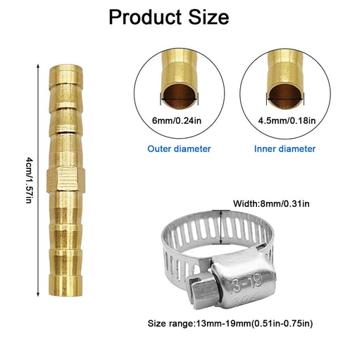 Brass Hose Barb Fittings Repair Kit for Water, Fuel and Air Lines Includes Two Pcs One Quarter Inch Six Millimeter Brass Barb