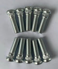 Heavy Duty Ten Piece Wheel Stud Set Built From Bombproof Class 12.9 Steel With 7/16-20 Threads And.472 Inch Knurl, shown in ten pieces.
