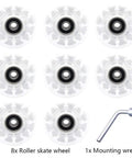 Light Up Roller Skate Wheels 8 Pack With 78A Hardness And LED Illumination Premium ABEC 9 Bearings arranged with mounting wrench.