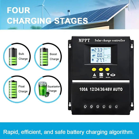100A MPPT Solar Charge Controller With LCD Display Auto Detect 12V 24V 36V 48V showing four charging stages in solar setup