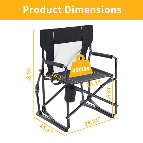 Folding Rocking Chair For Adults With Breathable Mesh Back Detachable Waterproof Armrests And Cup Holder Portable Outdoor Camping And Lawn Seat Black Comfy Rocker showing dimensions and weight capacity of 400lbs