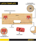 Heavy Duty Bamboo Router Jig Template Kit For Bullseye Straight Door Latch And Strike Plate Mortise Cuts With Quick Guide System showing adjustable door stops and center locator.