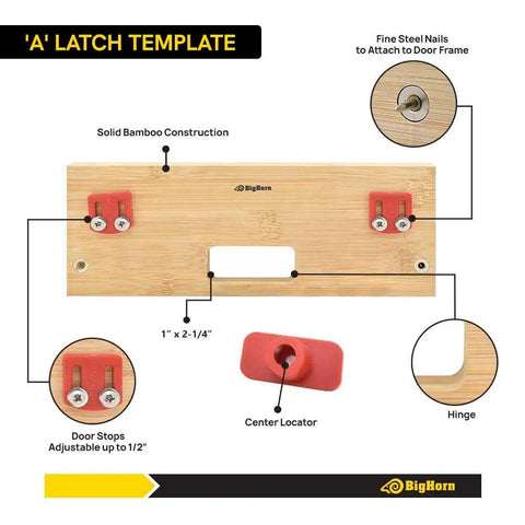 Heavy Duty Bamboo Router Jig Template Kit For Bullseye Straight Door Latch And Strike Plate Mortise Cuts With Quick Guide System showing adjustable door stops and center locator.