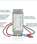 Quiet 3 Speed Ceiling Fan Wall Switch With Slider Control, 1.5 Amp, front view showing installation features and wires.
