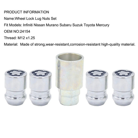 Street Tough Heavy Duty Keyed Wheel Lock Lug Nuts M12x1.25 set with a locking socket, chrome finish for Nissan Subaru SUVs and Sedans.
