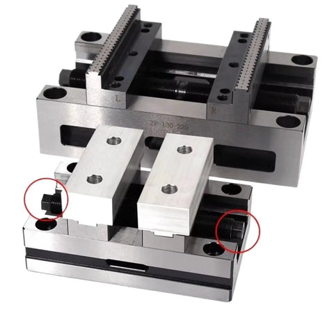 Badass Self Centering CNC Vice Setup With Dead Tight 4 5 Axis Turntable Fixture Kit Featuring Smooth Flat Jaw Grips For Killer Machining Jobs In Crisp White, showcasing precision jaws and bolts.