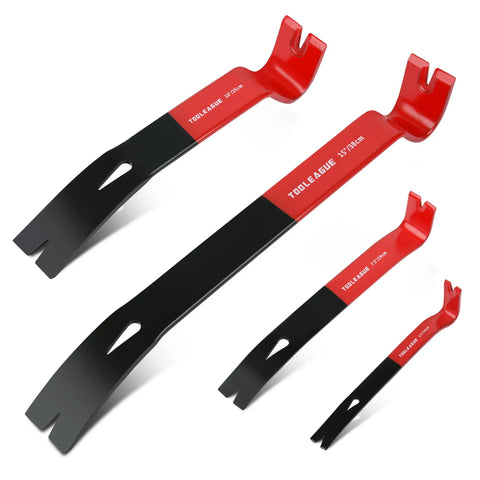 Four Piece Heavy Duty Pry Bar Set With Nail Puller And Crowbars In Five And A Half Inch Seven And A Half Inch Ten Inch And Fifteen Inch Sizes