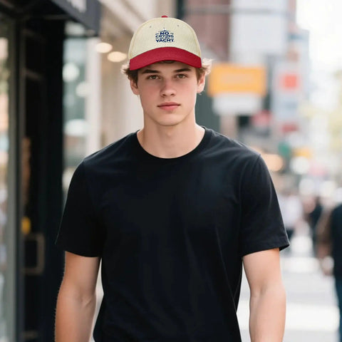 Young man wearing low profile womens trucker hat with dope vintage vibe breathable cotton cap adjustable fit six eyelets ventilation.