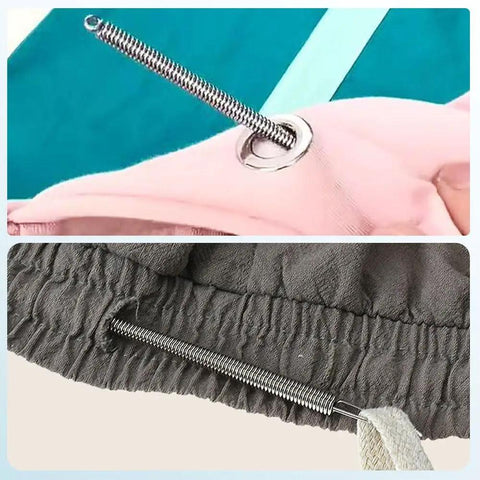 Two Pack Spring Drawstring Needle Threader Set with Easy Threader Clips for Hoodies and Pants in fabric channels.