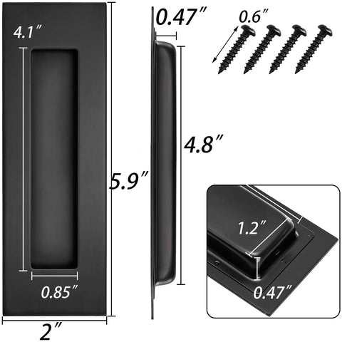 Four Pack 6 Inch Recessed Pocket Door Handles Flush Pulls For Sliding Barn Doors Pocket Doors Closets Cabinets And Drawers Matte Black Stainless Steel Hardware Space Saving Snag Free dimensions and screws