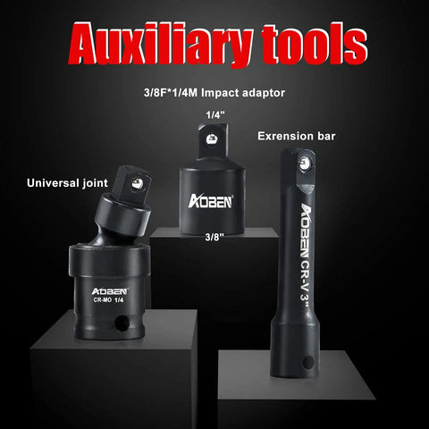 1/4 Inch Drive Impact Socket Set, 54-Piece, 6-Point Sockets For SAE And Metric with extension bars and socket adapter