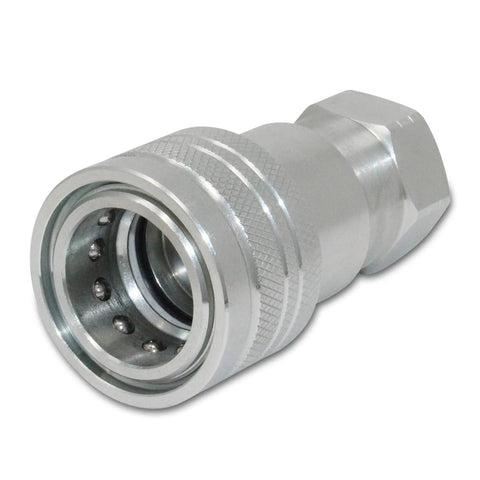 3/4 in silver hydraulic quick-connect coupler, front view, with 3/4 in NPT threads.