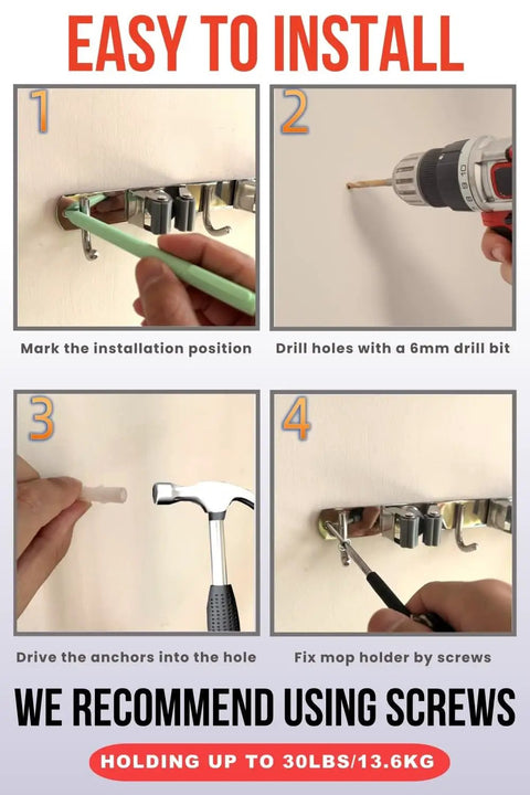 Installation process of Mop And Broom Holder Wall Mount With Easy Install Upgraded Design Stainless Steel Broom Organizer.