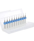 Ten Piece Tungsten Carbide Micro Drill Bits 0.5mm For 3D Printer Nozzle Cleaning And PCB Drilling in open case, precision tool set