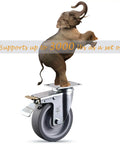 Heavy Duty Five Inch Caster Wheels Set Of Four With Dual Lock Brakes Built Tough TPR Rubber Industrial Casters for rolling carts with elephant standing on caster.