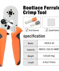 Square Self-Adjusting Crimping Tool For AWG 23 To 10 Bootlace End Sleeves Ferrule Ratcheting Wire Crimping Pliers shown with specs