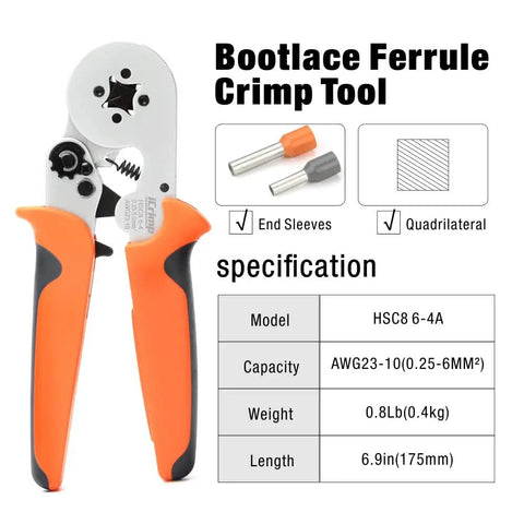 Square Self-Adjusting Crimping Tool For AWG 23 To 10 Bootlace End Sleeves Ferrule Ratcheting Wire Crimping Pliers shown with specs