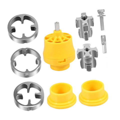 Heavy Duty Pvc Pipe Threader Kit For Electric Drill Quick Connect Die Set with yellow and silver parts for efficient plumbing.
