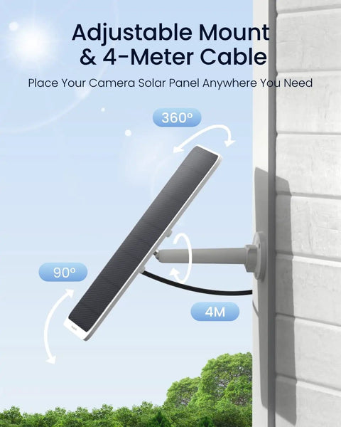 12W Solar Panel For Wireless Battery Cameras Outdoor No Fuss Power Supply Keeps Cameras Running All Day Compatible With TrackMix Argus PT, mounted on wall with adjustable 4-meter cable.
