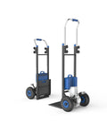 Xsto Electric Stair Climbing Hand Truck Heavy Duty Folding Dolly Cart 550 Lb Capacity showing side and rear view with blue accents.