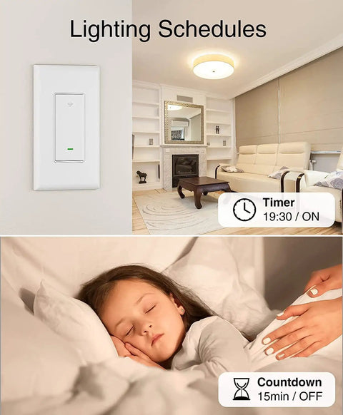 Lighting schedules with Three Way Smart Switch Four Pack, in wall setup, voice and app control, showing timer and countdown features.