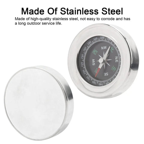 Mini Stainless Steel Compass For Camping And Hiking, Portable Survival Navigation Tool with silver casing shown close-up