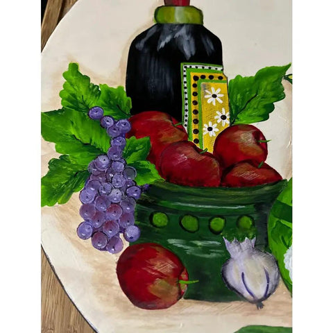 Hand Painted 13 Inch Lazy Susan With Wine And Fruit Design, Bamboo Turntable Serving Tray featuring grapes and apples close-up