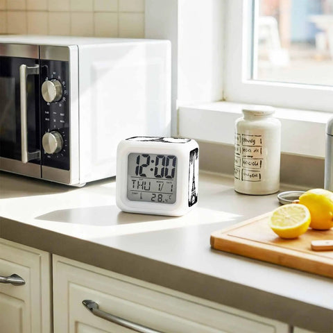 Knockout Vintage Digital Alarm Clock With Eiffel Tower Design And Cozy Nightlight Solid For Bedroom Nightstands Or Desk Surfaces Featuring Dead Quiet Operation Super Comfy Buttons And Easy Time Date Temperature Readout on kitchen countertop.