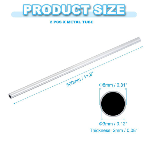 Two Pack 8Mm Aluminum Tube 6063 Seamless Round Tubing 300Mm Length For DIY Projects Model Building Crafts Industrial Furniture Frames Lightweight Durable Metal Pipe, showing one tube with dimensions.