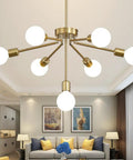 Gold Sputnik 7-Light Modern Pendant Chandelier With Deformable Arms, adjustable height in elegant living room setting.