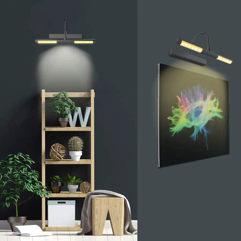 Wireless Picture Light 13 Inch Battery Powered With Remote And Timer illuminating artwork and shelf in modern dark room.